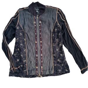 Verge NZ Velvet Eyelet Metallic Charms Detail ZIp Womens Blouse M Boho